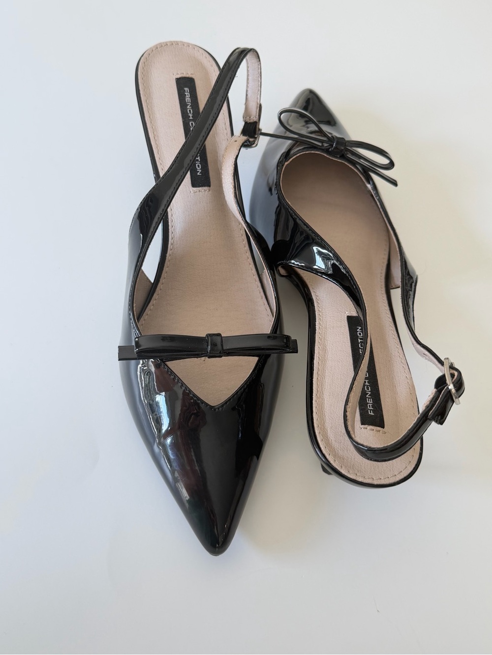 French Connection Black Patent Slingback Kitten Heel Pumps Bow | Women’s Size 10